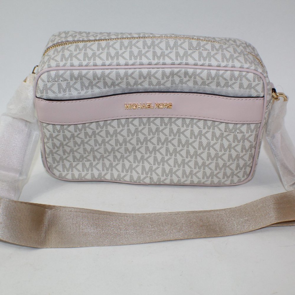 Michael Kors Kenly Large Pocket Shoulder Crossbody Vanilla & Pink Bag 35T0GY9C3B